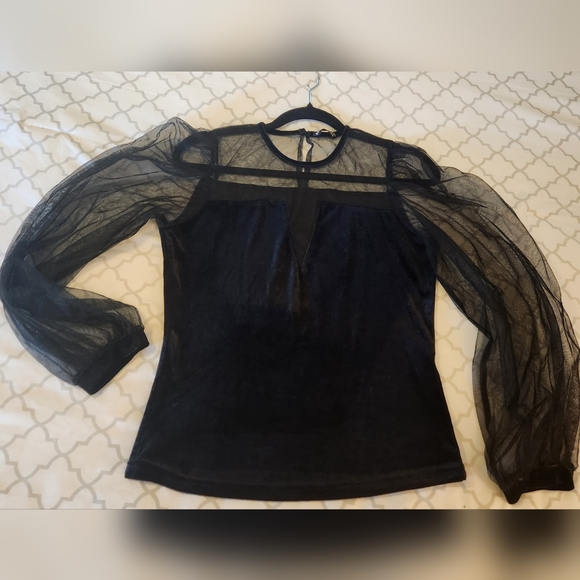 Velvet with sheer long sleeve blouse - Picture 1 of 5